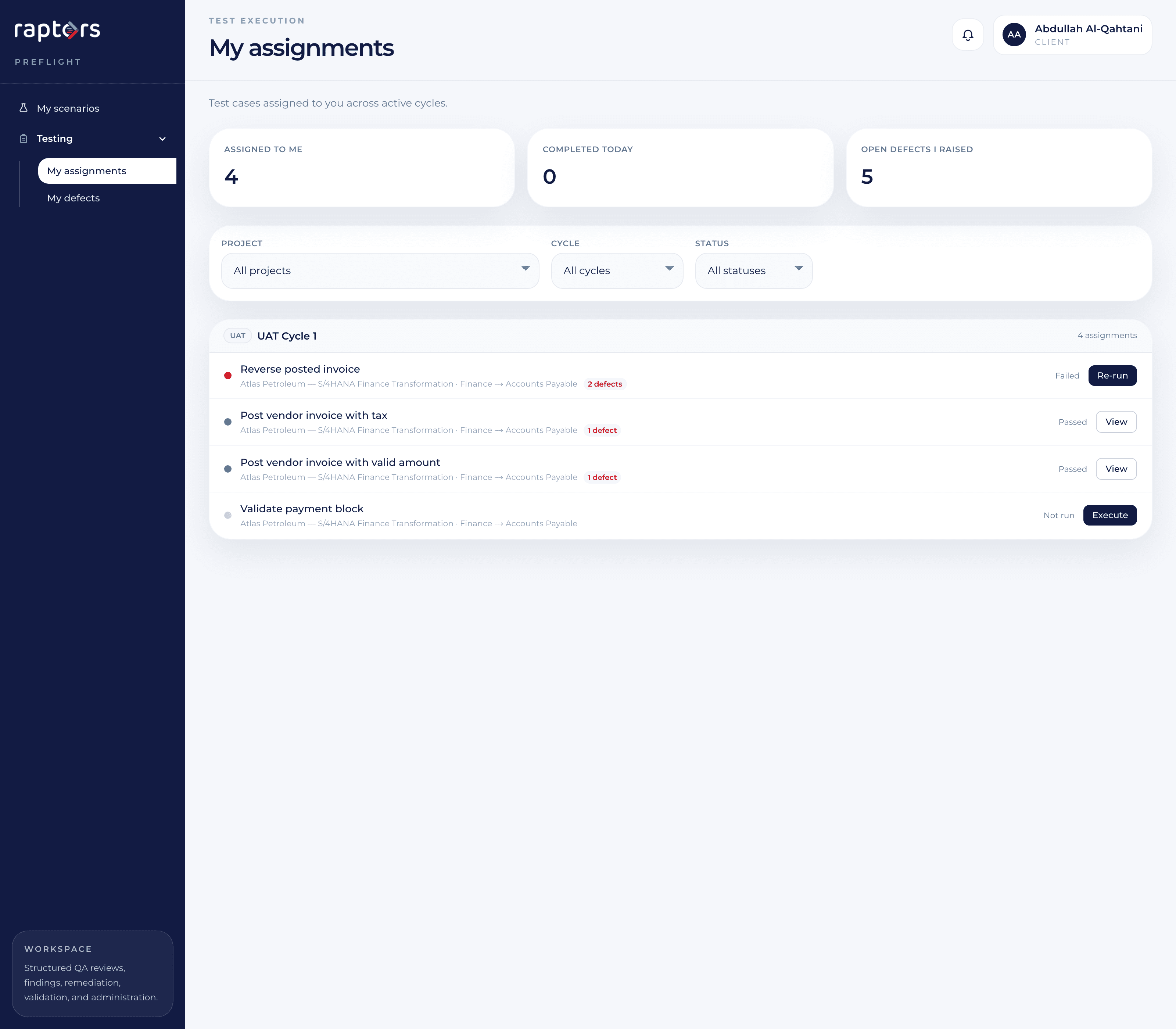 PreFlight acceptance testing — tester assignment, step execution, defect routing