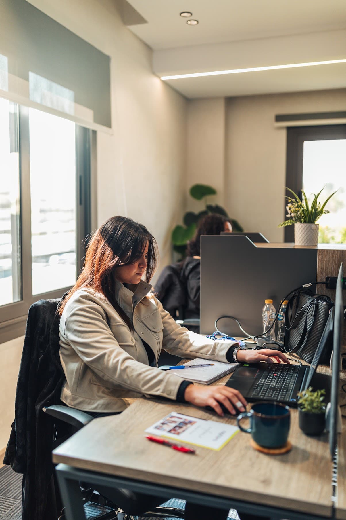 Focus mode — consultant at her desk, window light.