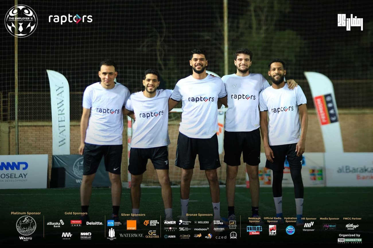 The five-a-side football tournament team in branded shirts.