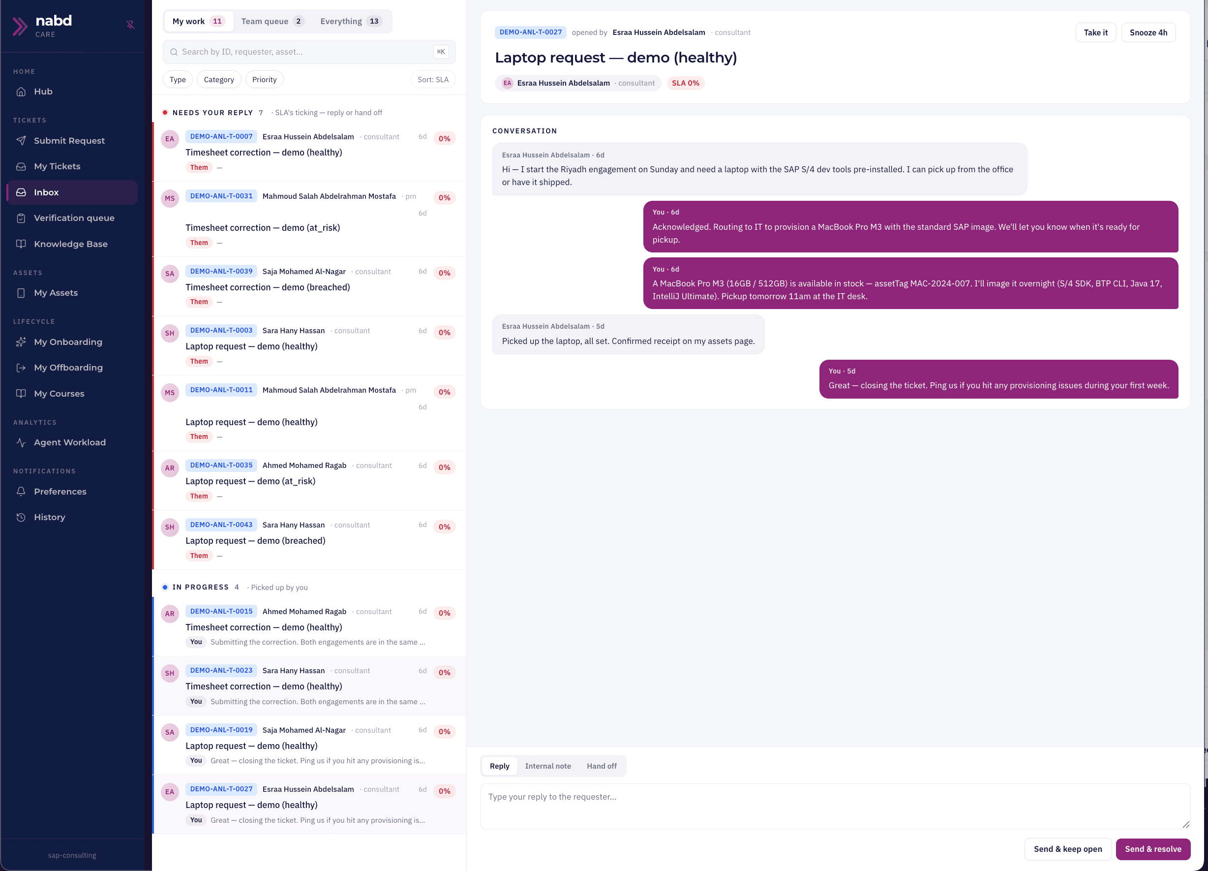 nábd Care · Inbox with active ticket conversation and SLA tracker.
