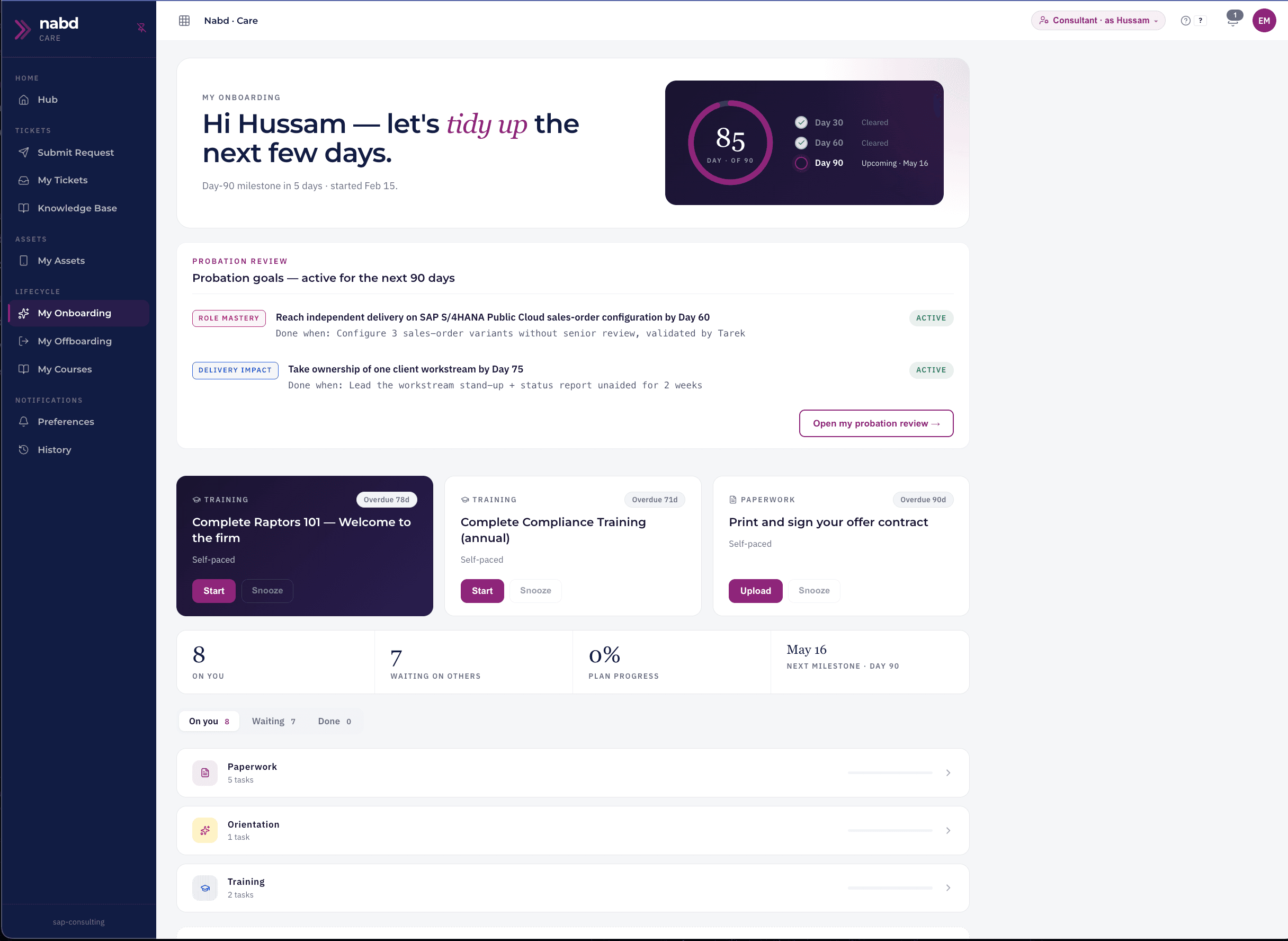 nábd Care · My Onboarding view — probation progress, training milestones, and tasks for a new joiner.