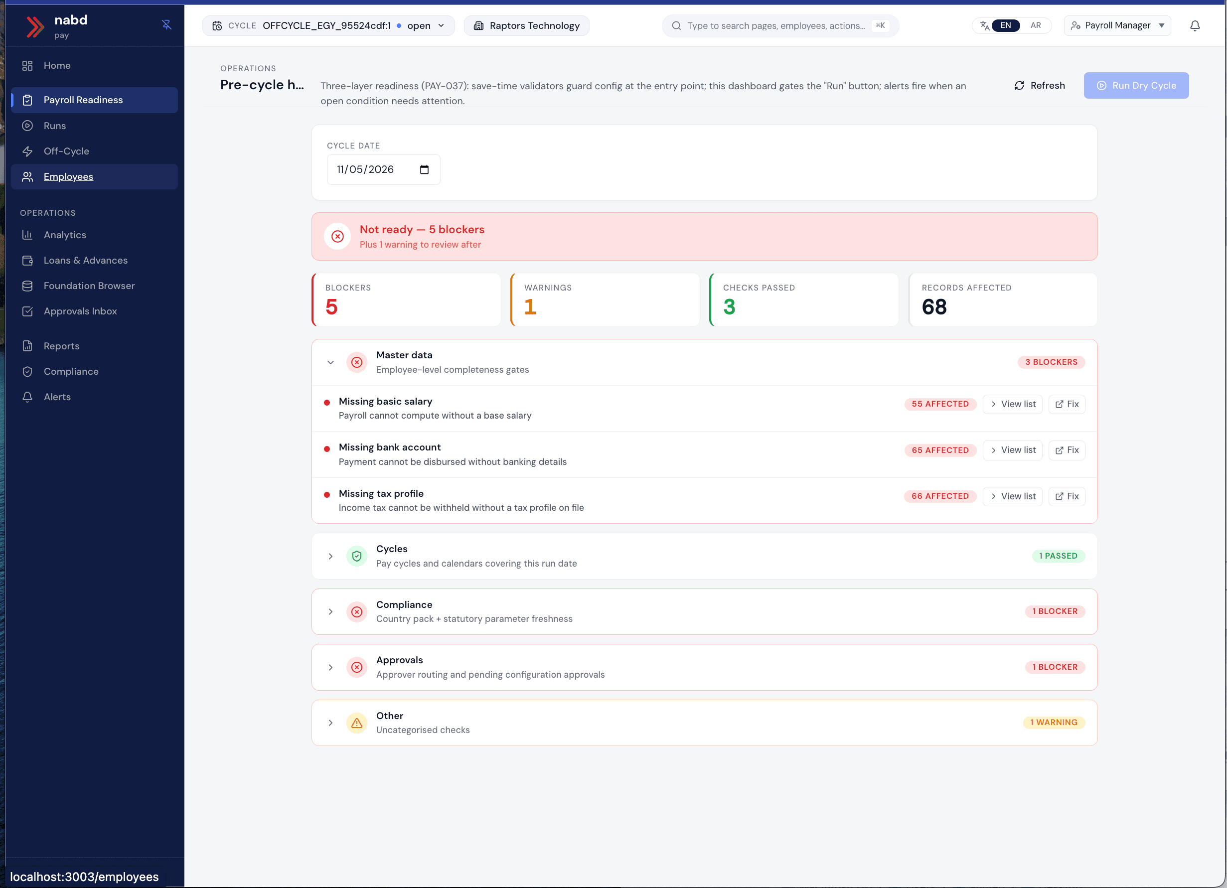 nábd Pay · Pre-cycle Readiness — blockers, warnings, and configuration checks before a payroll run.